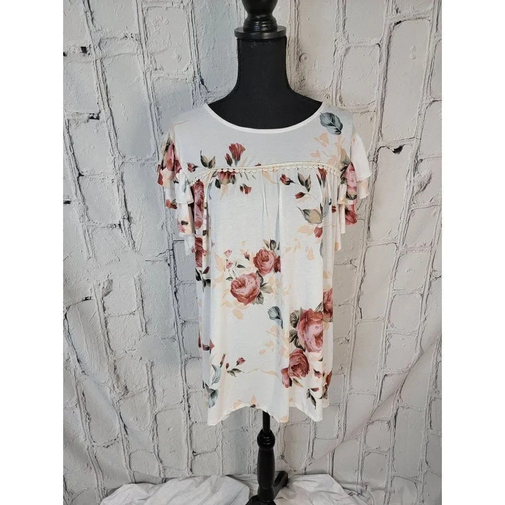 WHITE Floral Ruffle Sleeve Lightweight Floral Blouse Work Wear Womens Large NWT